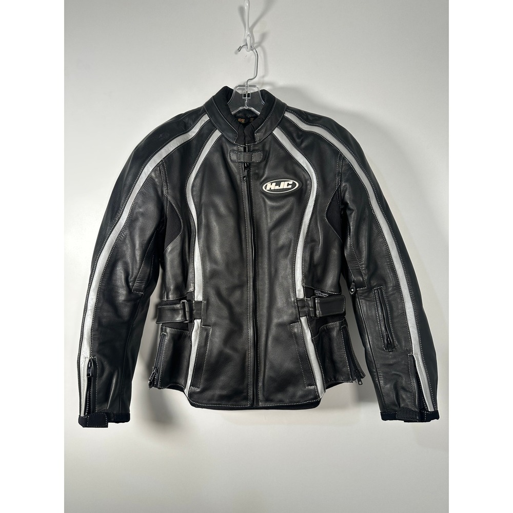 HJC Black Silver Leather Motorcycle Biker Jacket Padded Racing Moto Size 10/12